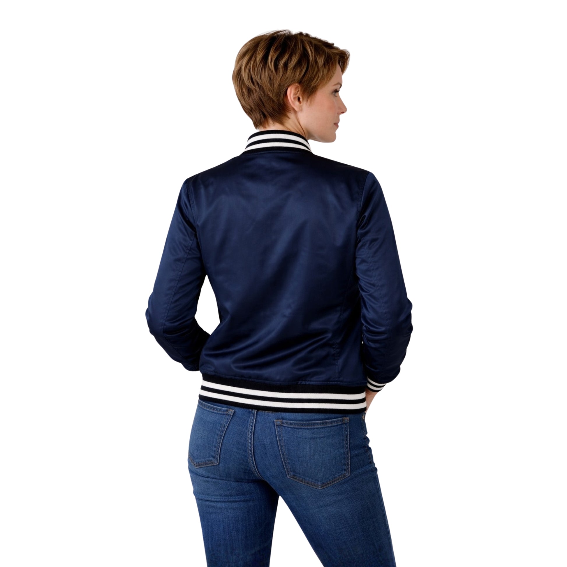 Person wearing a navy blue bomber jacket with white stripes on a white background