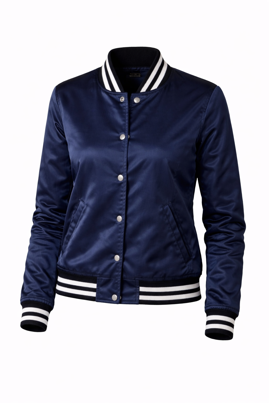 Navy blue varsity jacket with white accents on a white background