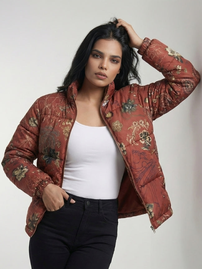 Abstract Floral Pattern Puffer Jacket Sale