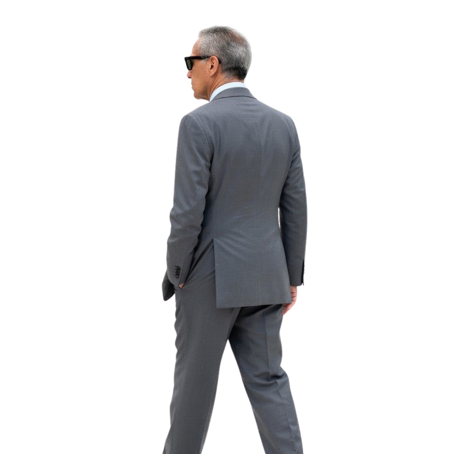 Man wearing a gray suit and sunglasses on a white background