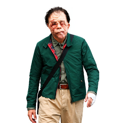 Man wearing a green jacket with a white background