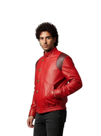 Man wearing a red leather jacket on a white background