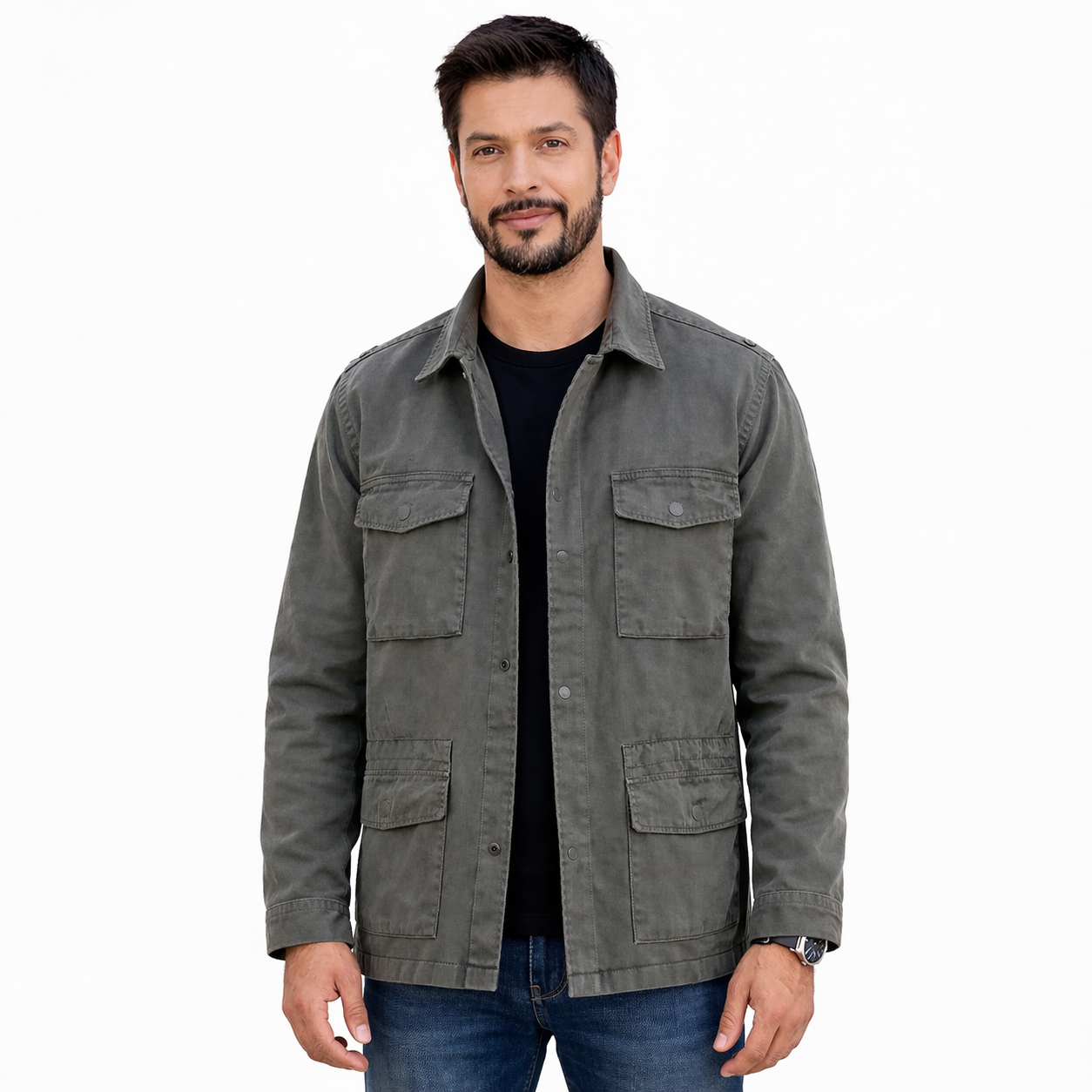 Man wearing a gray jacket on a white background