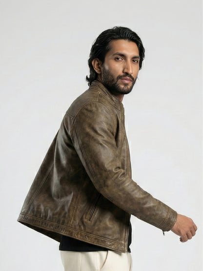 Man wearing a brown leather jacket on a white background