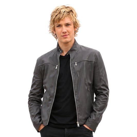 Man wearing a gray leather jacket on a white background