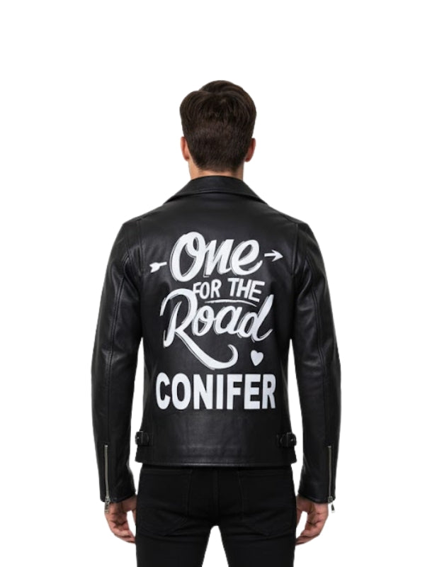 Black leather jacket with 'One for the Road Conifer' text on the back, worn by a person.
