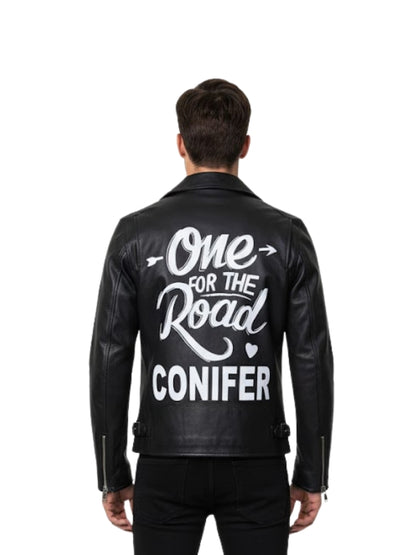 Black leather jacket with 'One for the Road Conifer' text on the back, worn by a person.