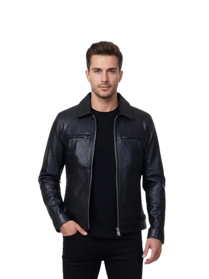 Man wearing a black leather jacket on a white background
