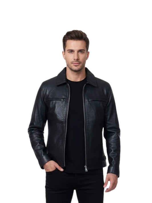 Man wearing a black leather jacket on a white background