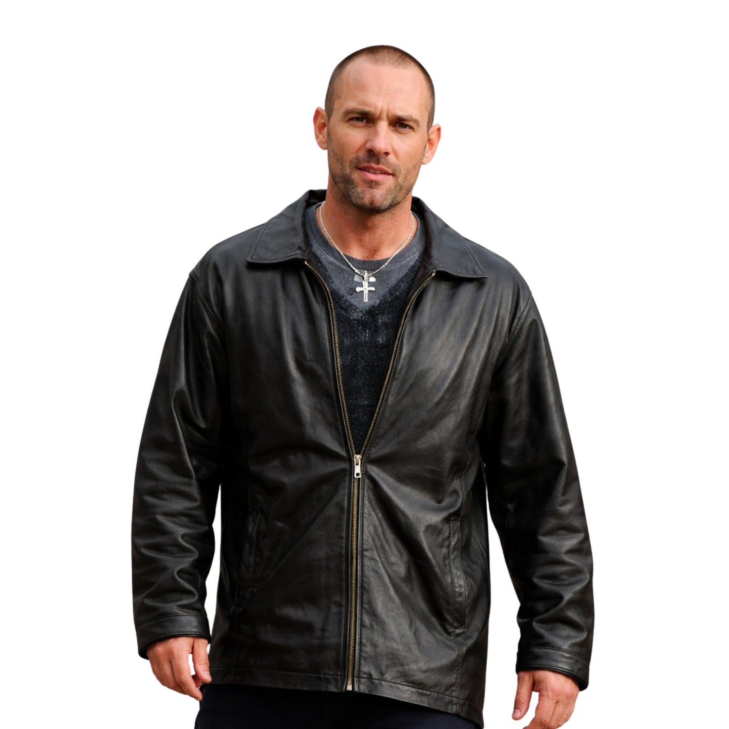 Man wearing a black leather jacket on a white background
