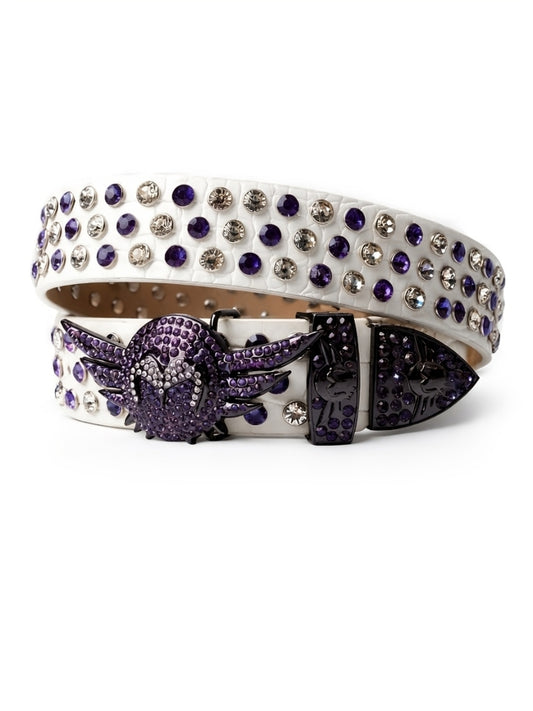 Decorative belt with purple and silver accents on a white background