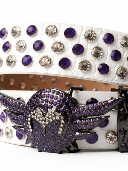 Belt with purple and silver rhinestone buckle on a white background