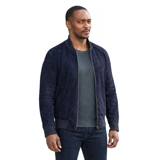 Person wearing a blue bomber jacket 