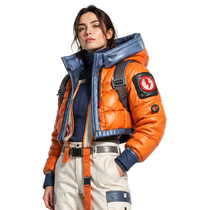 Person wearing an orange and blue jacket with a backpack on a white background