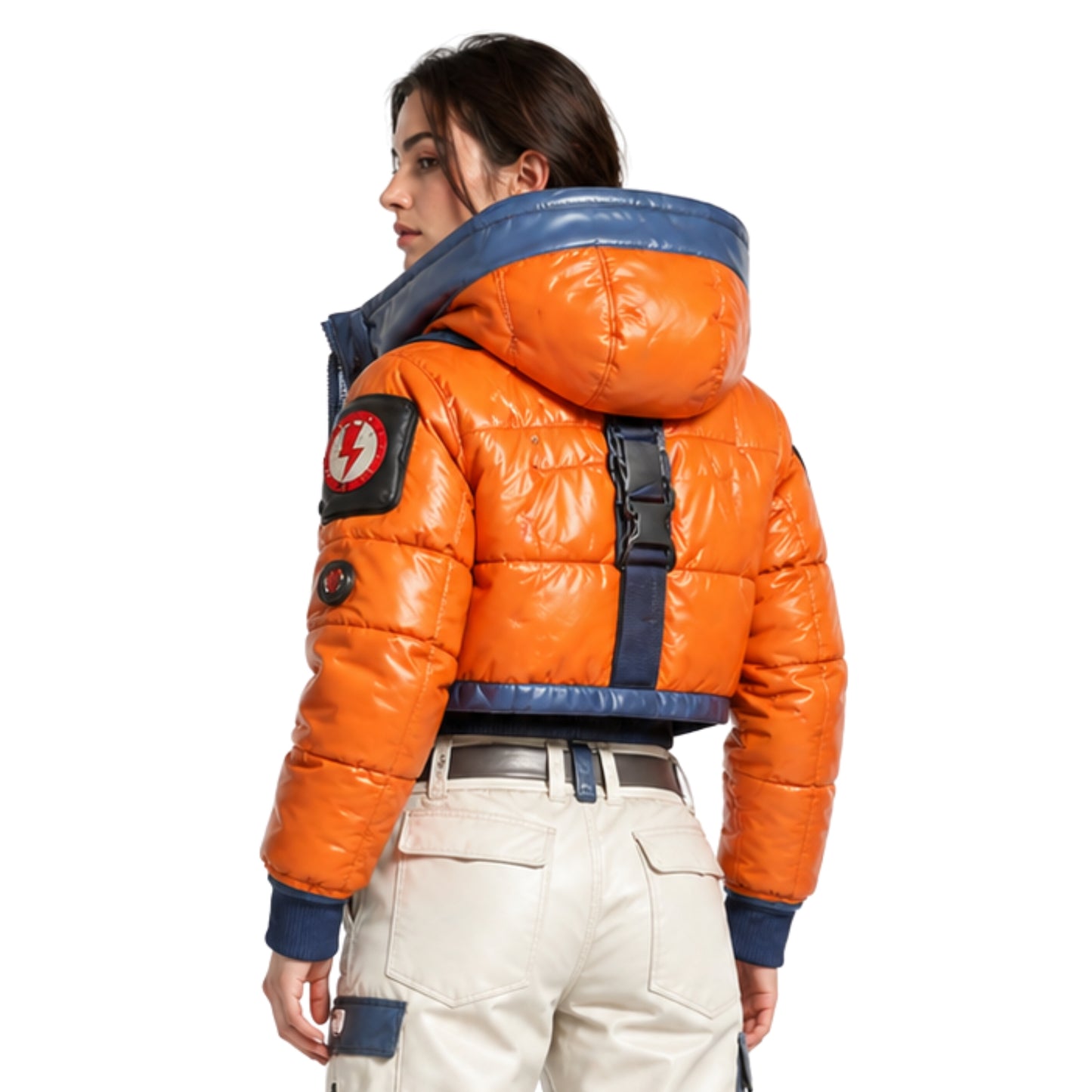 Person wearing an orange puffer jacket with a blue hood on a white background