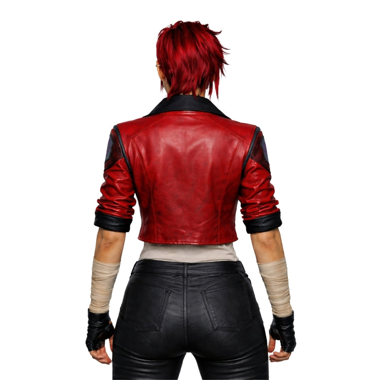 Person wearing a red leather jacket and black pants on a white background
