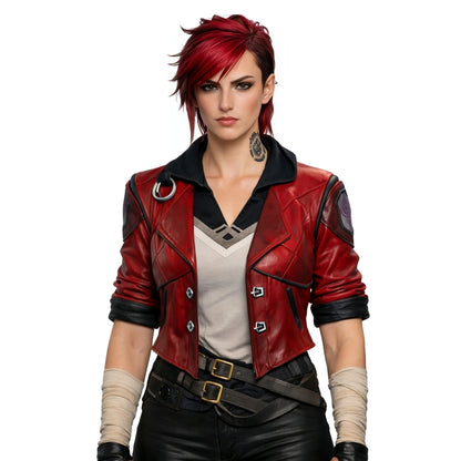 Character in a red leather jacket with a white background