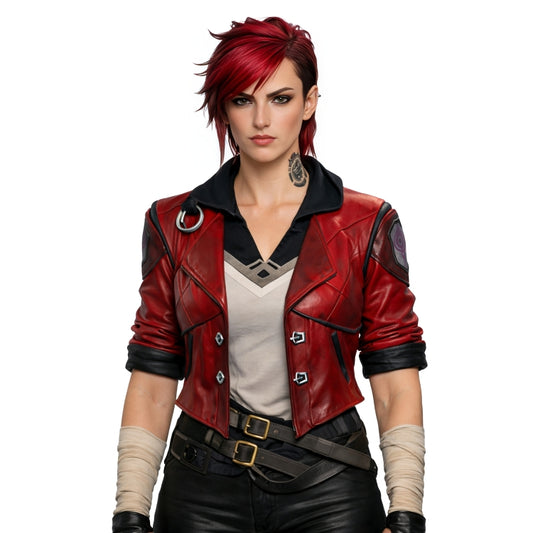 Character in a red leather jacket with a white background