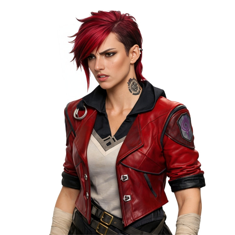 Person wearing a red leather jacket with a white background