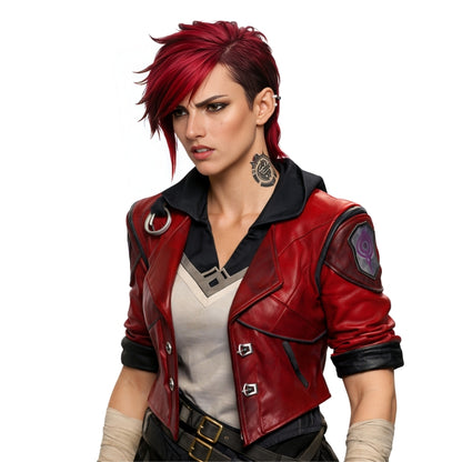 Person wearing a red leather jacket with a white background