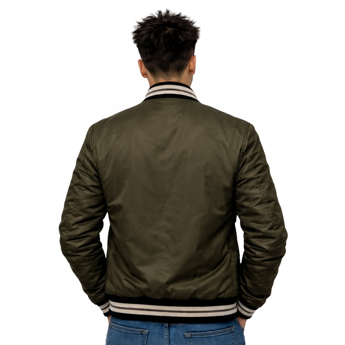 Person wearing a green bomber jacket on a white background