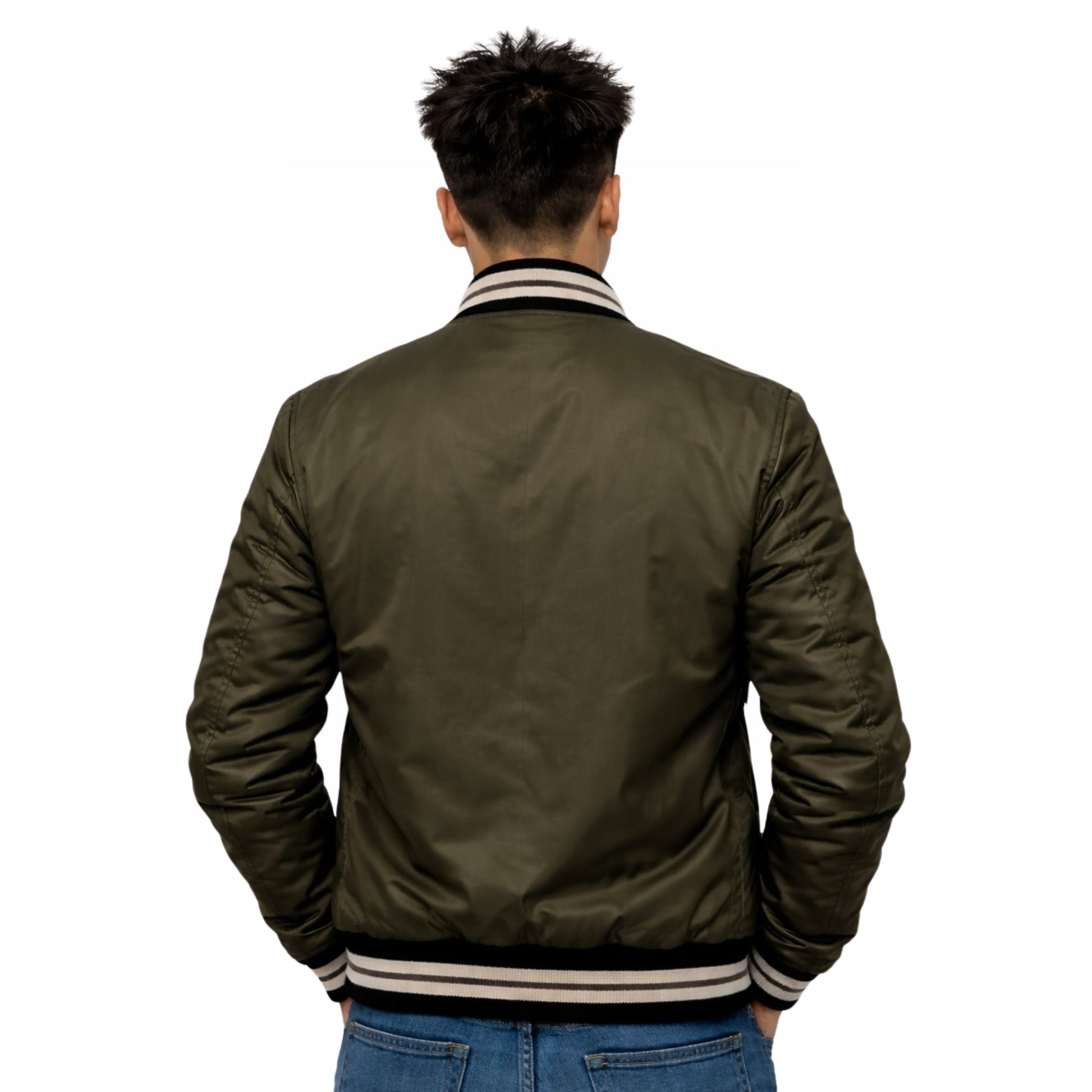 Person wearing a green bomber jacket on a white background