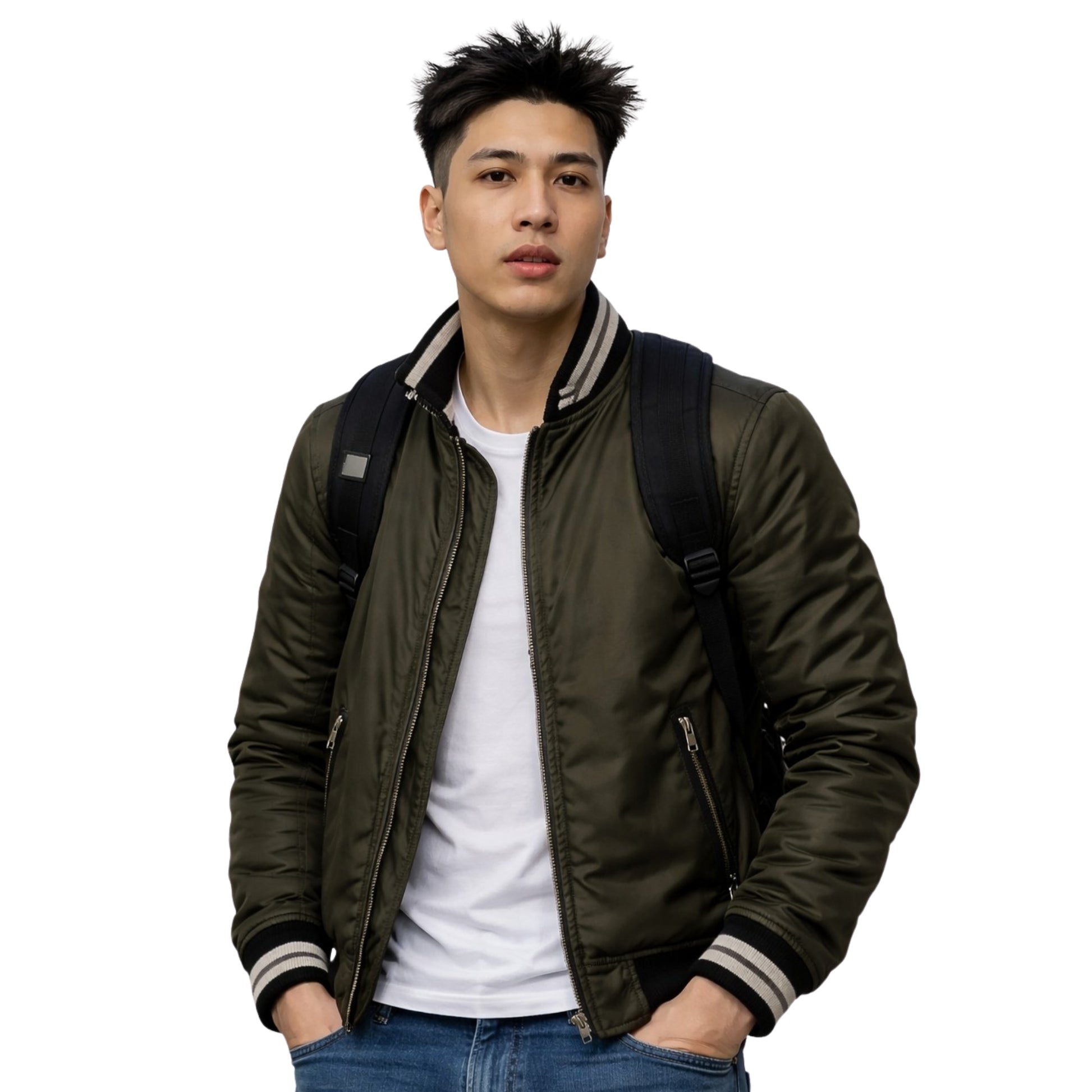 Man wearing a green bomber jacket with a white shirt and blue jeans on a white background