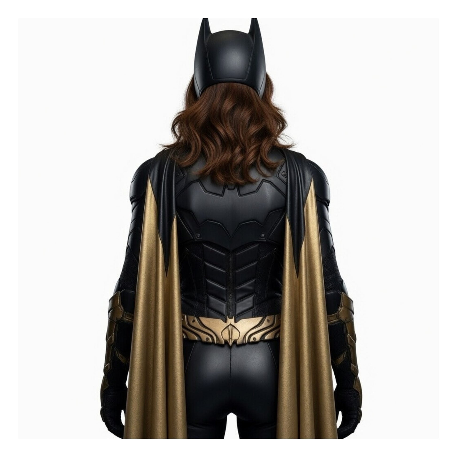 Person wearing a black superhero costume with a gold cape on a white background