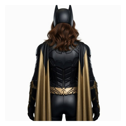 Person wearing a black superhero costume with a gold cape on a white background