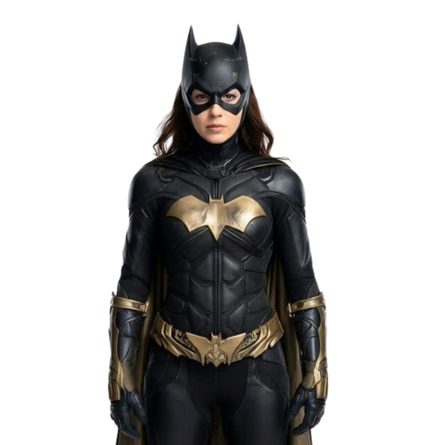 Person wearing a black and gold superhero costume with a bat emblem on a white background
