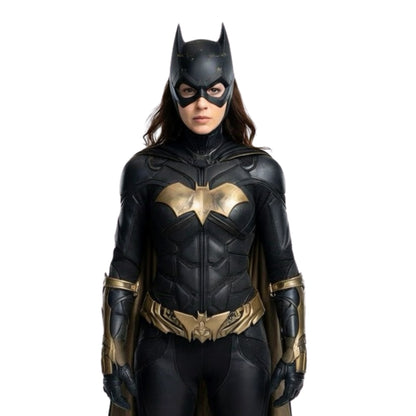 Person wearing a black and gold superhero costume with a bat emblem on a white background