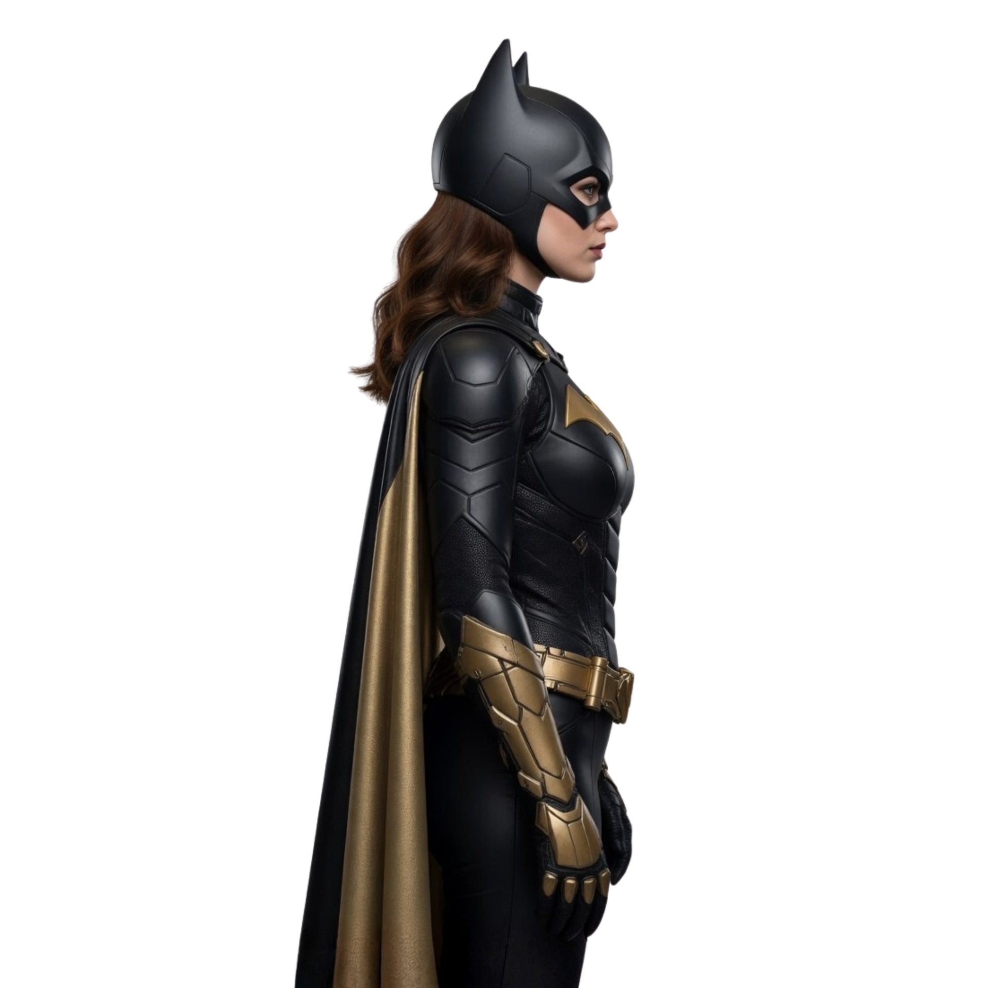 Superhero in black and gold costume on a white background