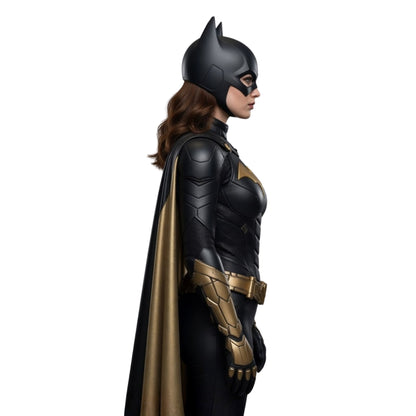 Superhero in black and gold costume on a white background