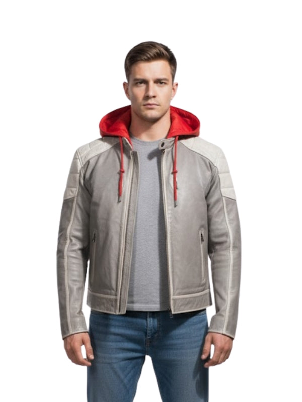 Man wearing a gray jacket with red hood and blue jeans on a white background