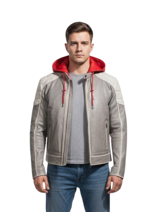 Man wearing a gray jacket with red hood and blue jeans on a white background