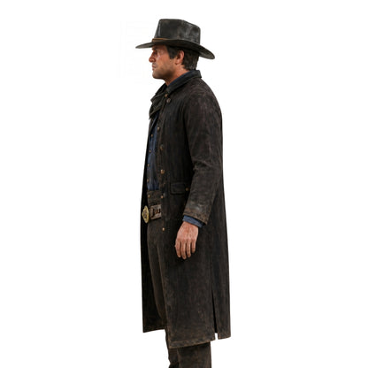 Man wearing a brown trench coat on a white background