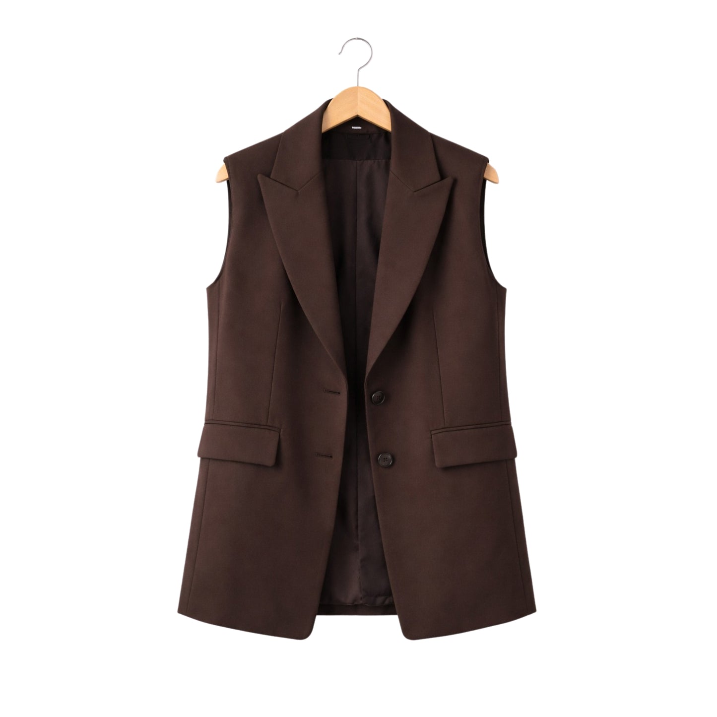 Brown vest on a hanger against a white background