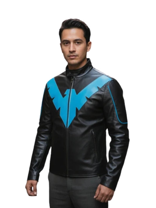 Man wearing a black leather jacket with a blue logo on a white background