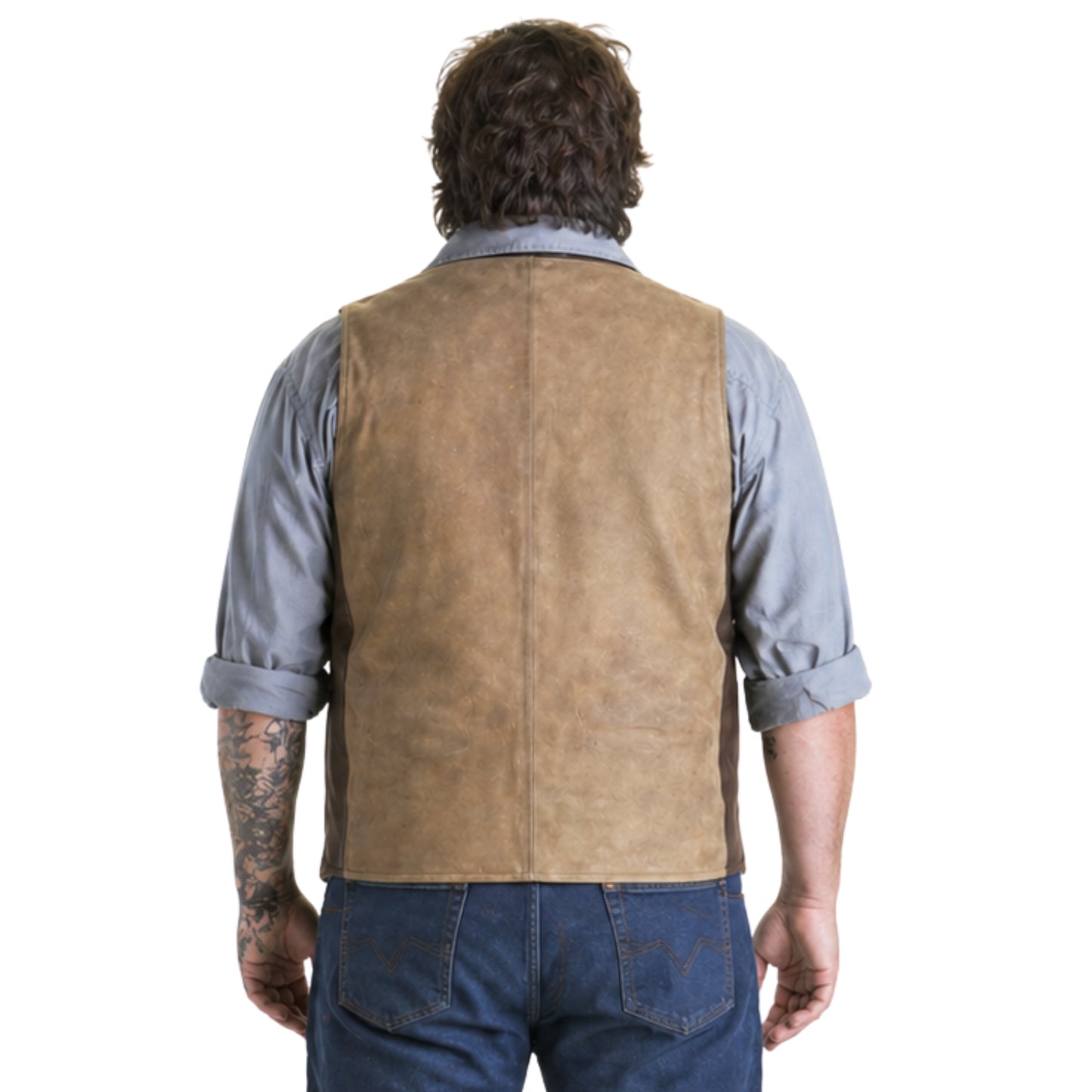 Man wearing a brown vest over a blue shirt on a white background