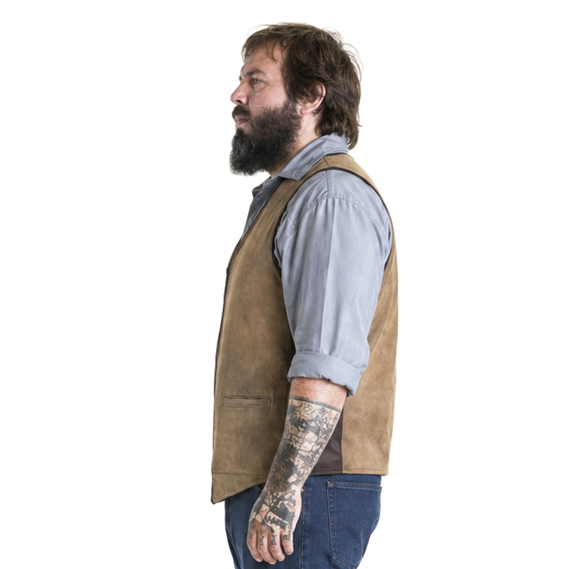 Man wearing a brown vest over a gray shirt on a white background