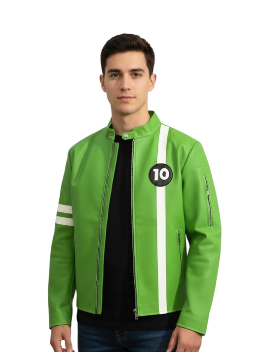 Man wearing a green jacket with a number 10 patch on a white background
