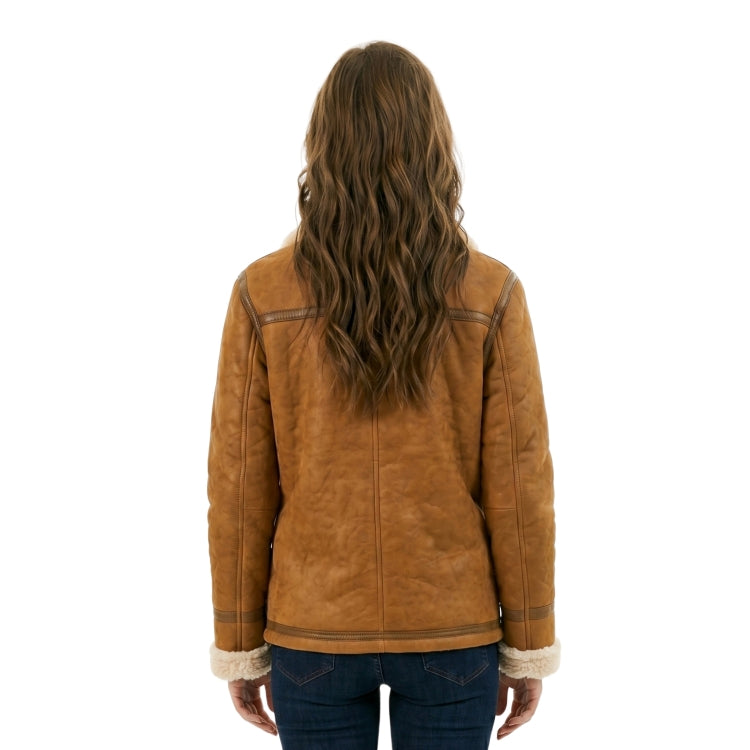 Brown leather jacket worn by a person on a white background