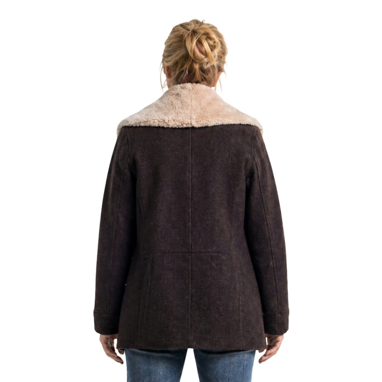 Brown coat with fur collar worn by a person on a white background