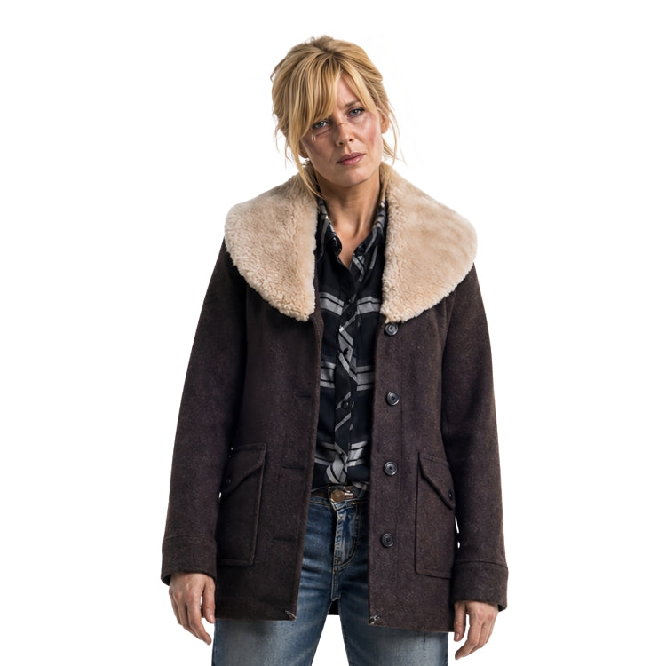 Woman wearing a brown coat with a fur-lined collar on a white background