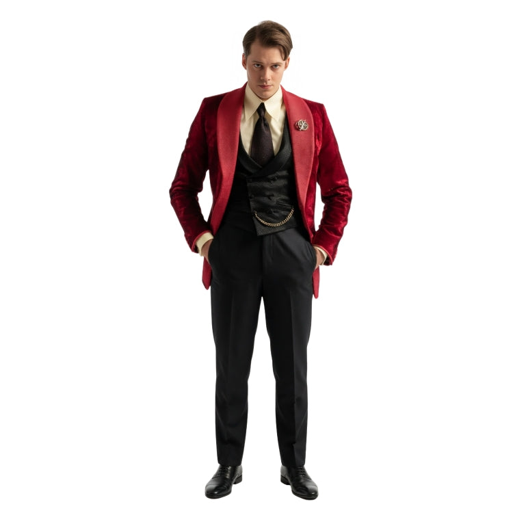 Man wearing a red blazer with black accent on a white background