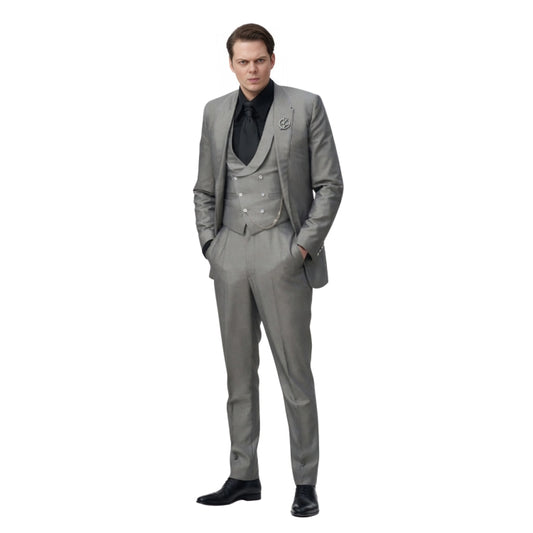 Man wearing a grey suit on a white background