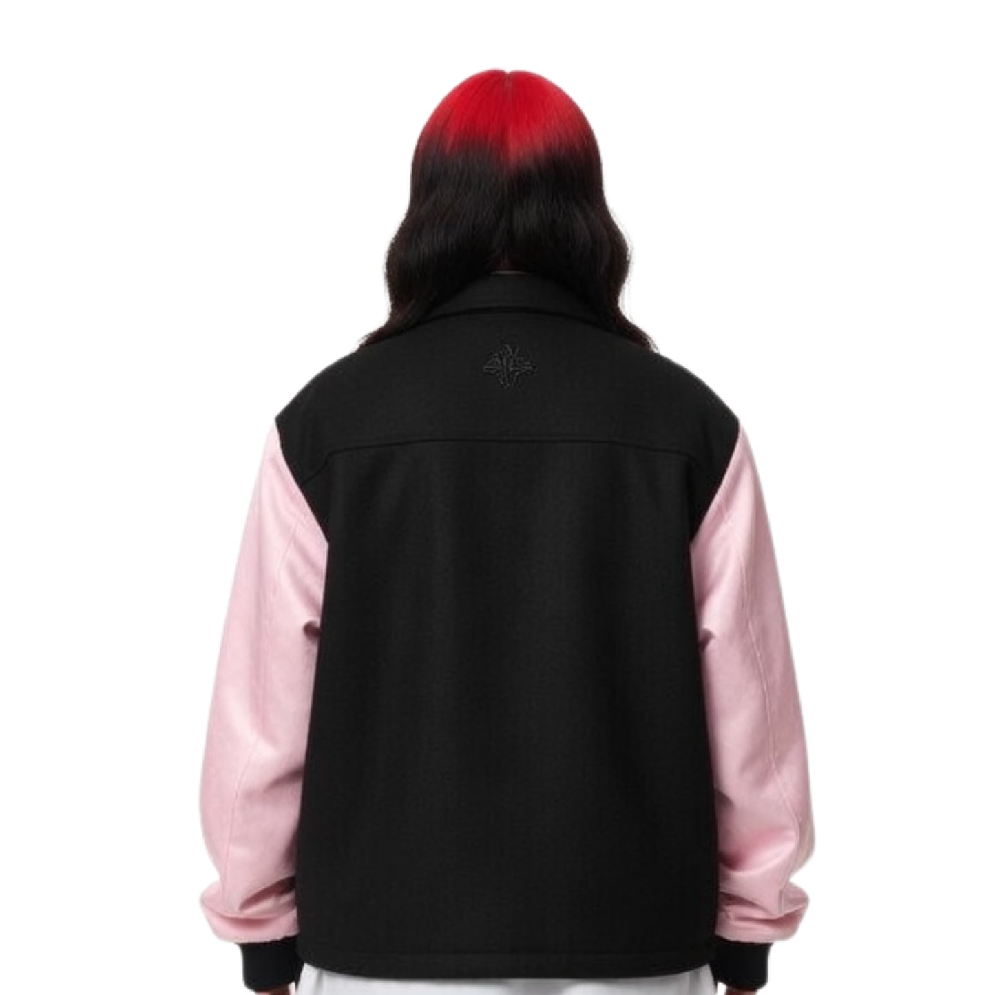 Person wearing a black and pink jacket on a white background