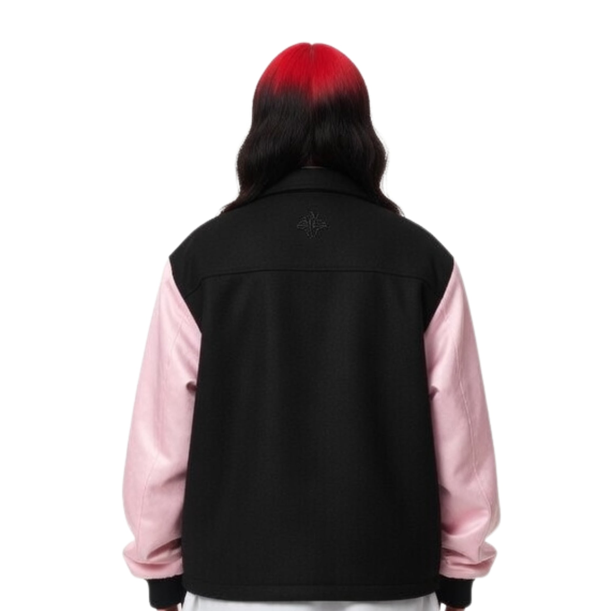 Person wearing a black and pink jacket on a white background