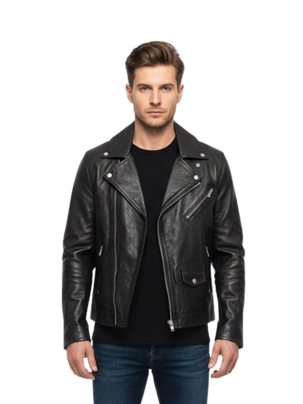Man wearing a black leather jacket on a white background