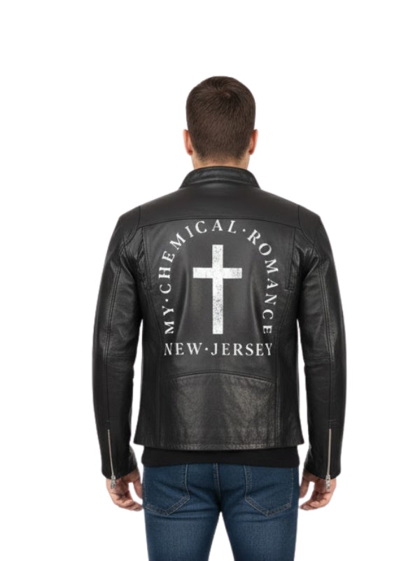 Man wearing a black leather jacket with 'My Chemical Romance New Jersey' text and cross design on the back.